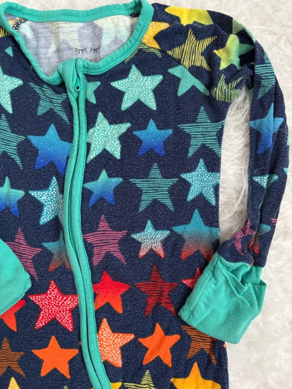 Little Sleepies Gender Neutral Colorful Star AOP Footie PJ’s with Teal Trim - Picture 3 of 3